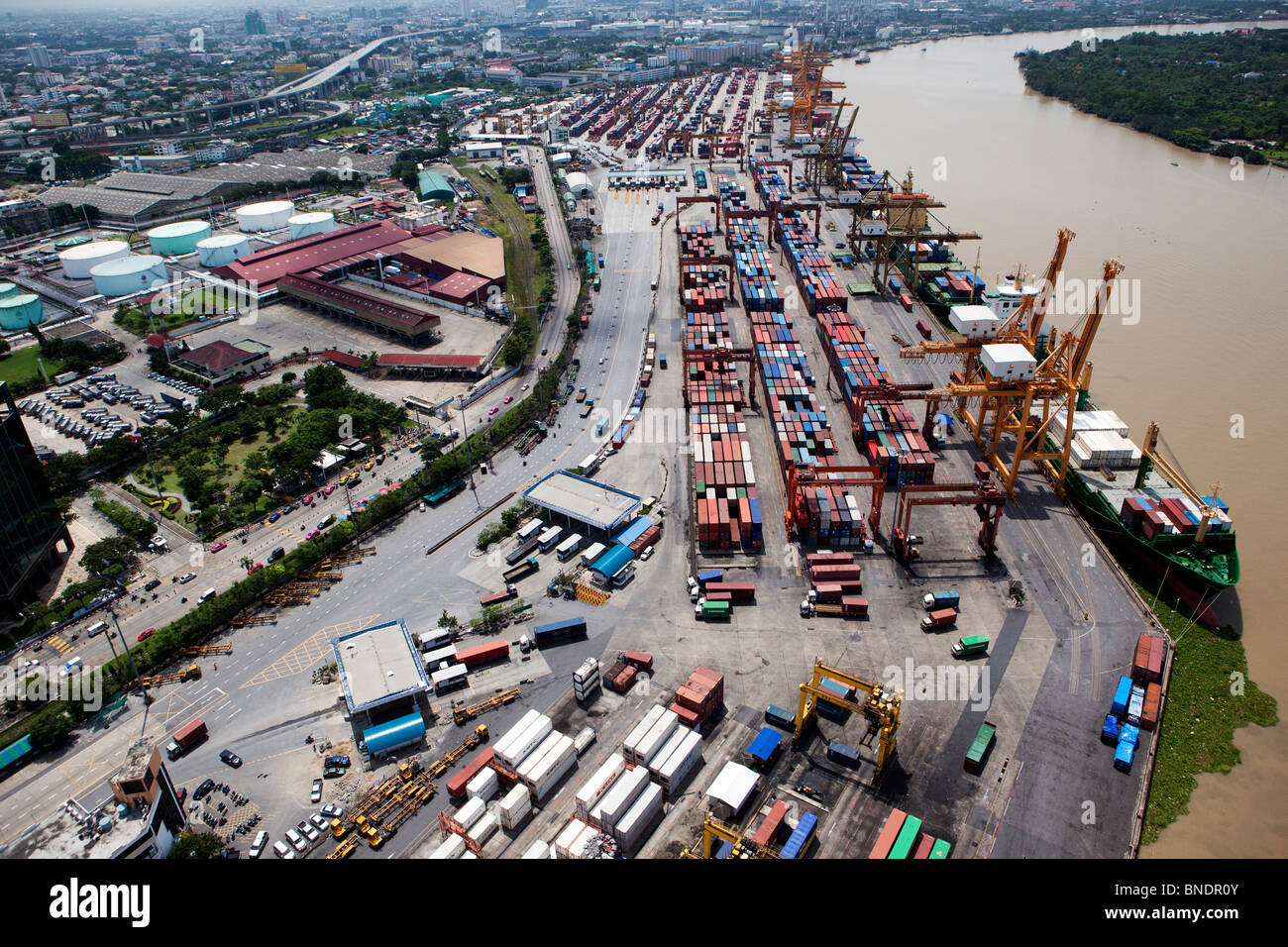 Aerial of Port of Bangkok along Chao Phraya River, Bangkok, Thailand. Stock Photo