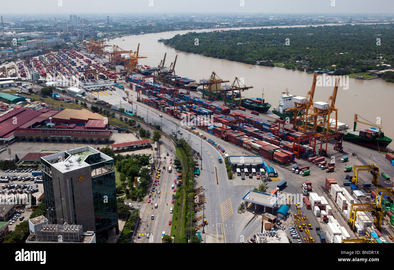 Aerial of Port of Bangkok along Chao Phraya River, Bangkok, Thailand. Stock Photo