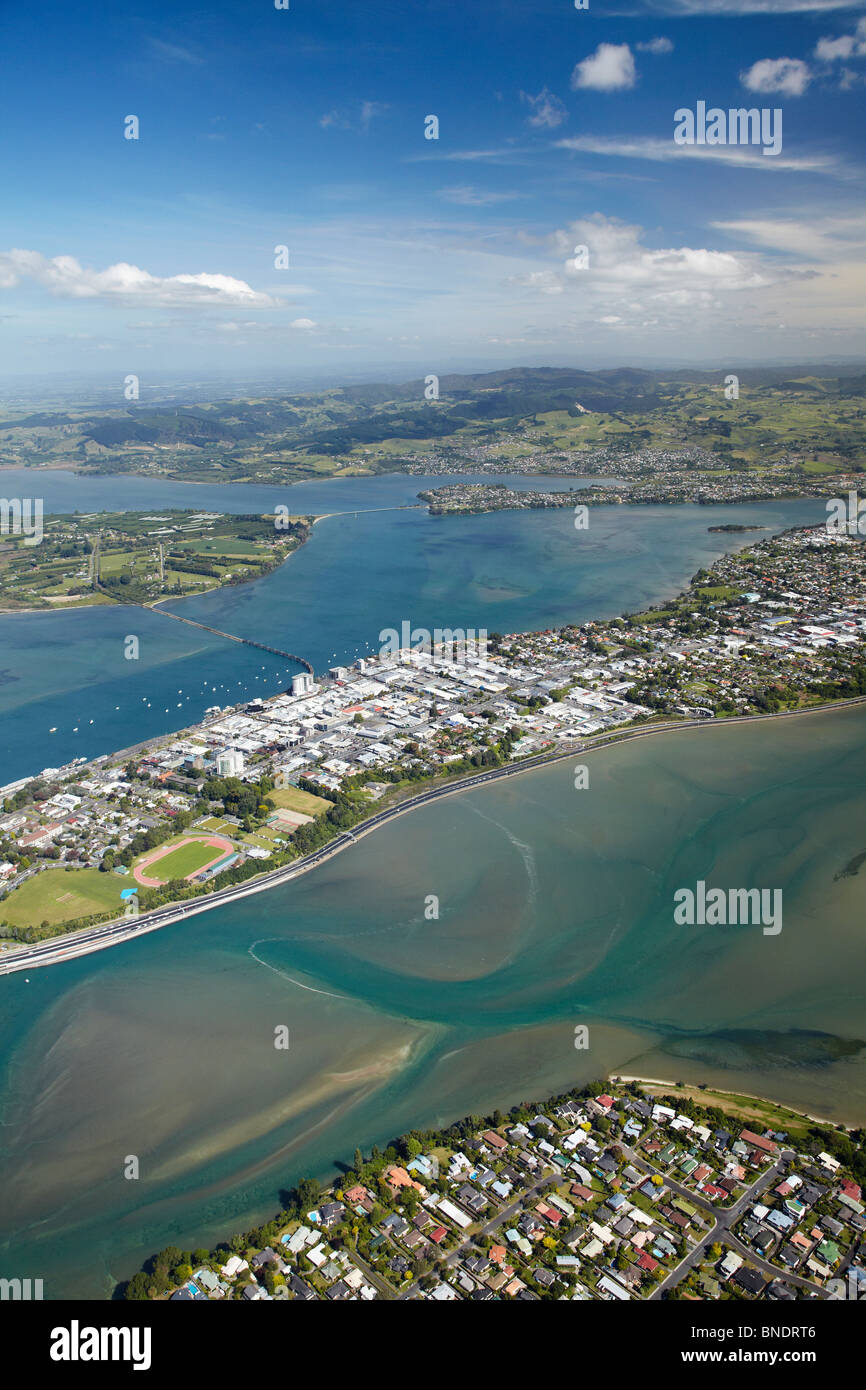 Tauranga and Tauranga Harbour, Bay of Plenty, North Island, New Zealand - aerial Stock Photo