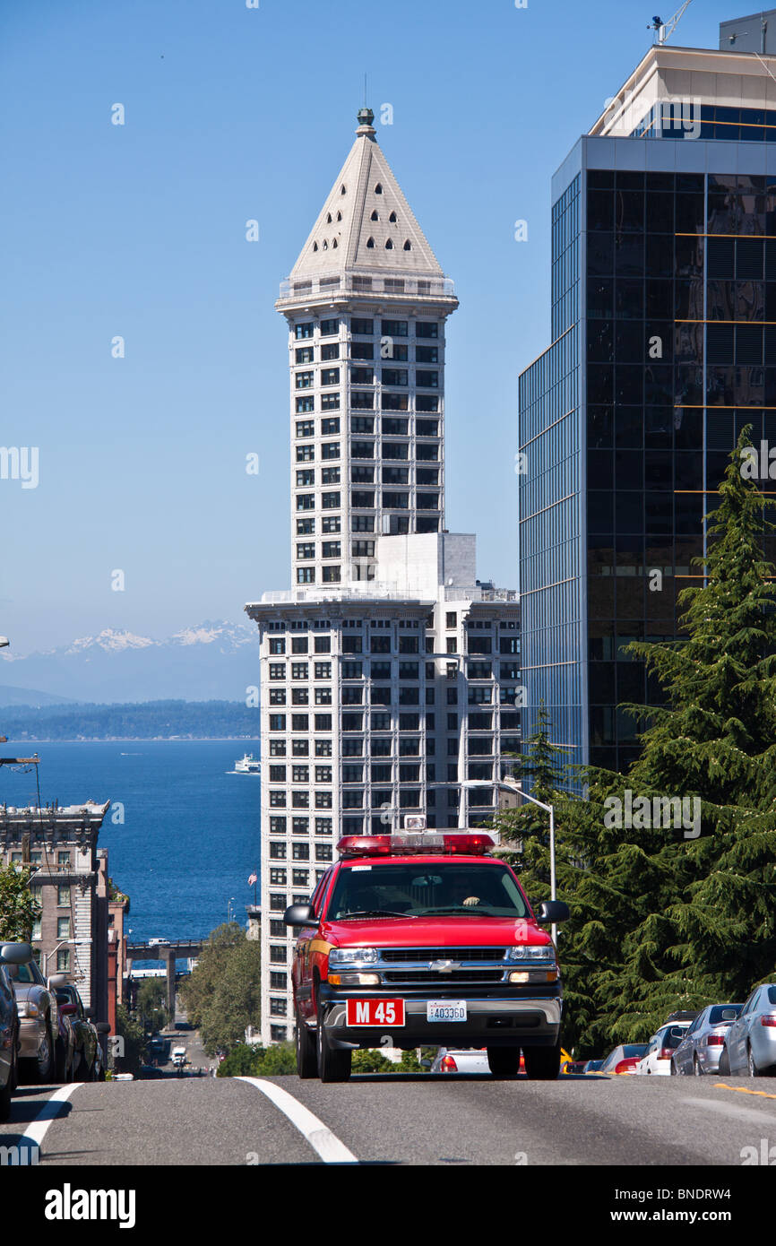 Smith Tower viewed from Yesler Way, Seattle, WA Stock Photo