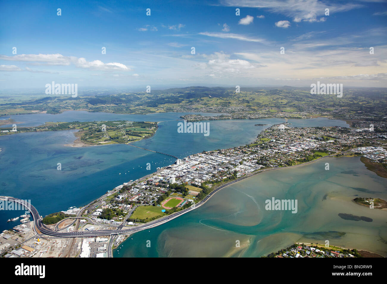Tauranga and Tauranga Harbour, Bay of Plenty, North Island, New Zealand - aerial Stock Photo