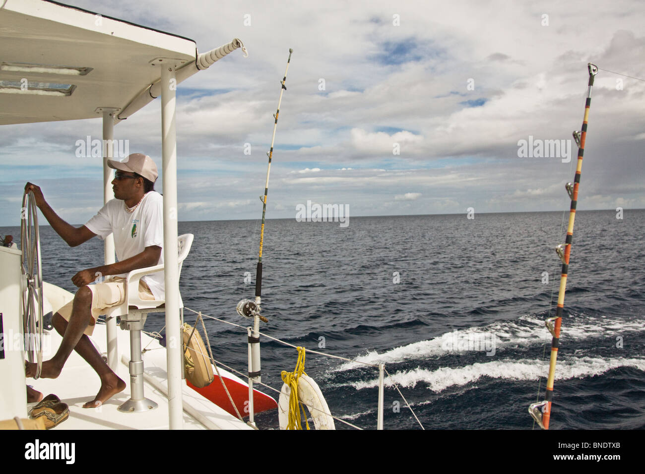 Big game fishing on a luxury launch, St Lucia, West Indies, Caribbean Stock Photo