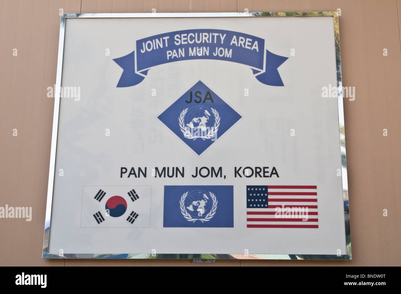 Joint Security Area, JSA, sign outside the gift shop, DMZ, Demilitarized Zone, Panmunjeom, South Korea Stock Photo