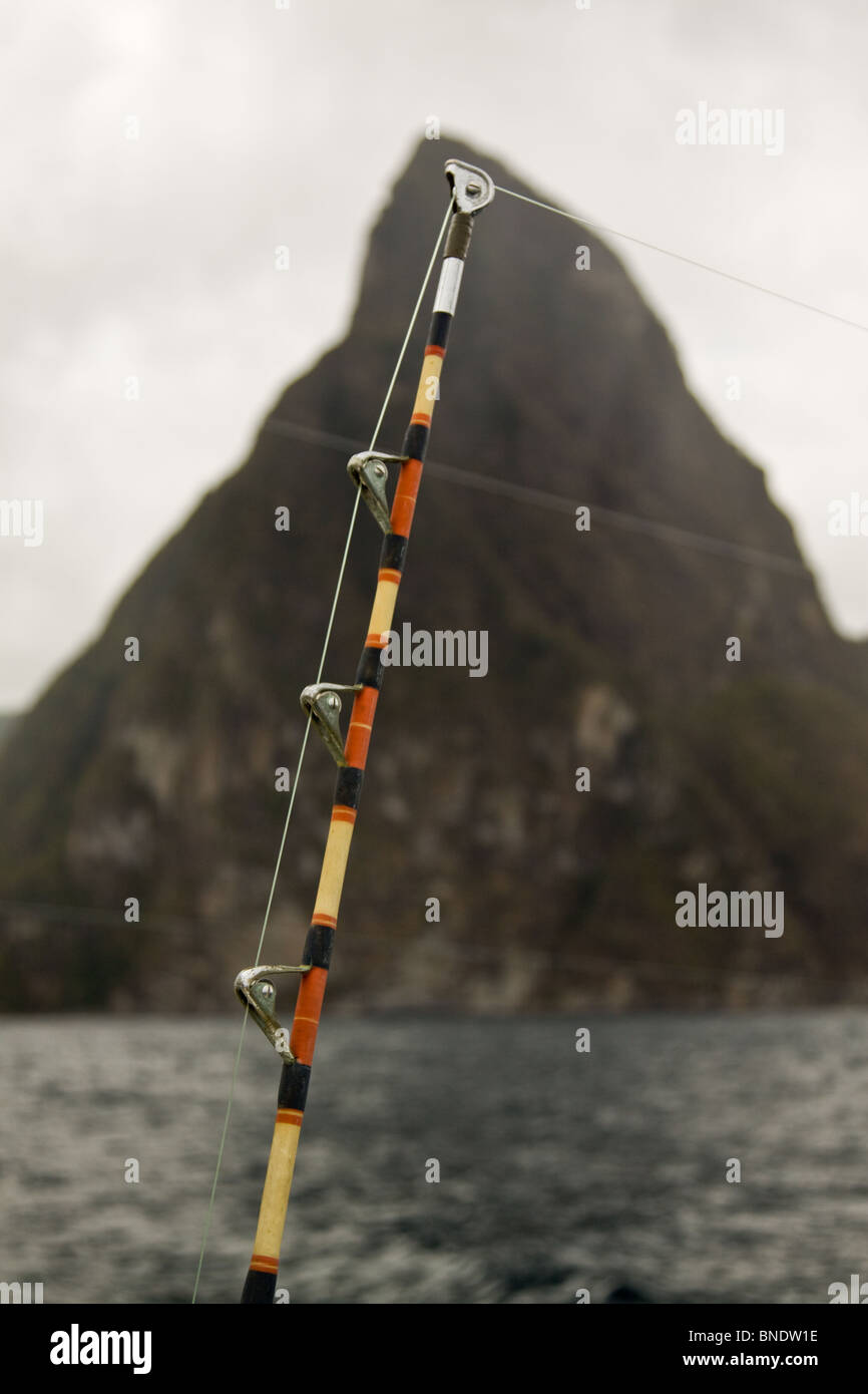 Big game fishing with Petit Pitons in the background, St Lucia, West Indies, Caribbean Stock Photo