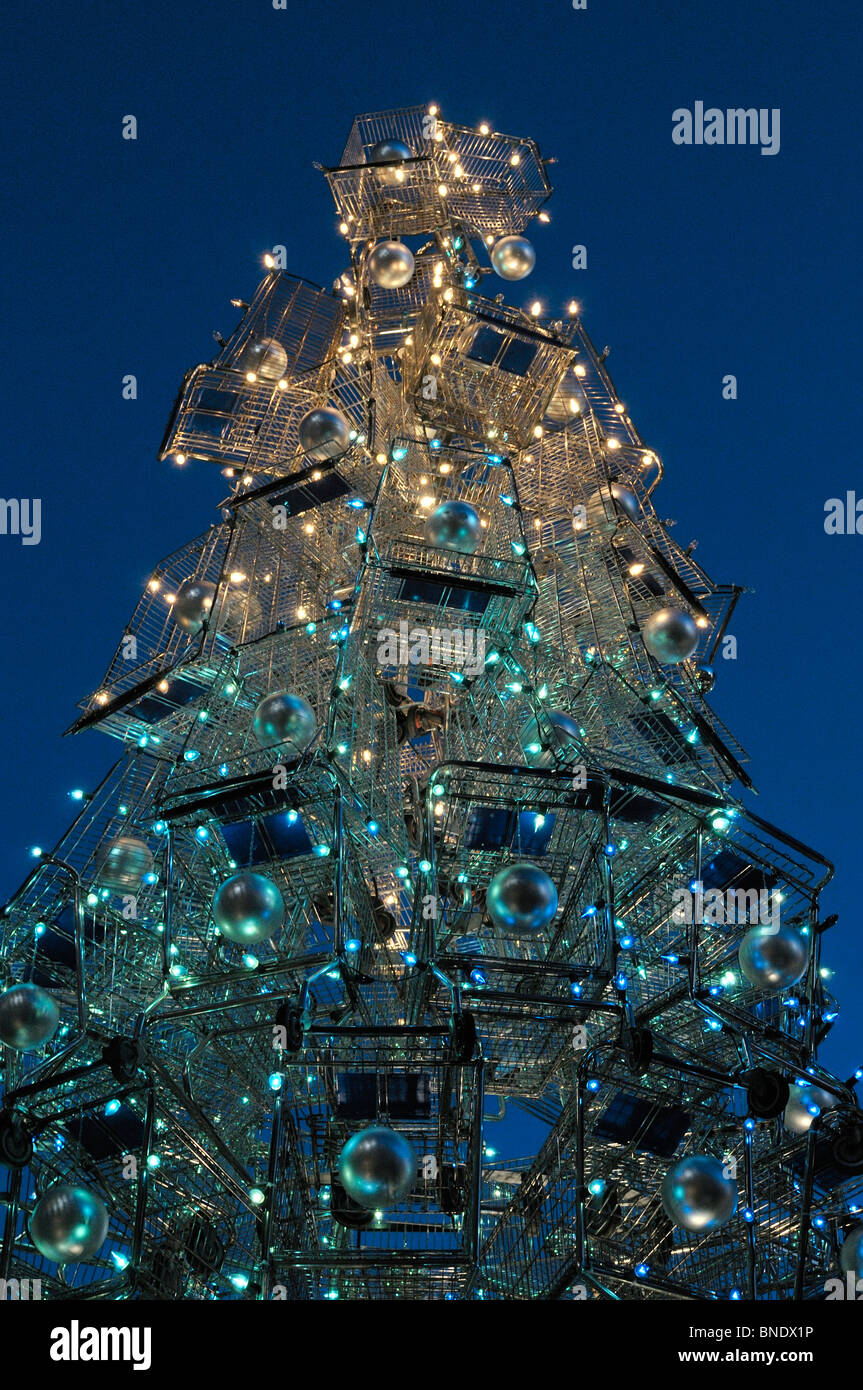 Decorated shopping carts forming a Christmas tree, Santa Monica