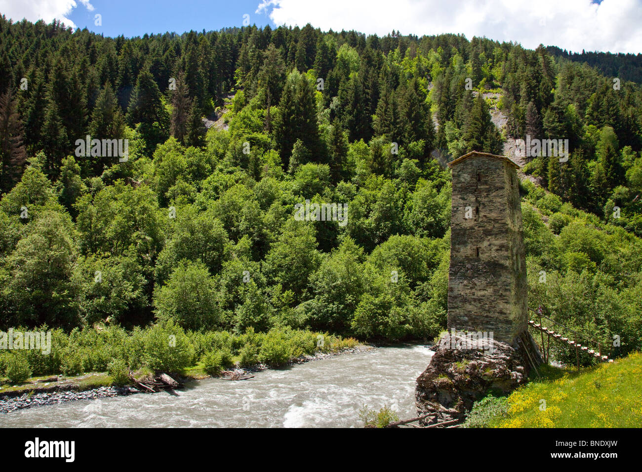 Tower on a rock on the road from Mestia to Ushguli in Svaneti, Georgia Stock Photo