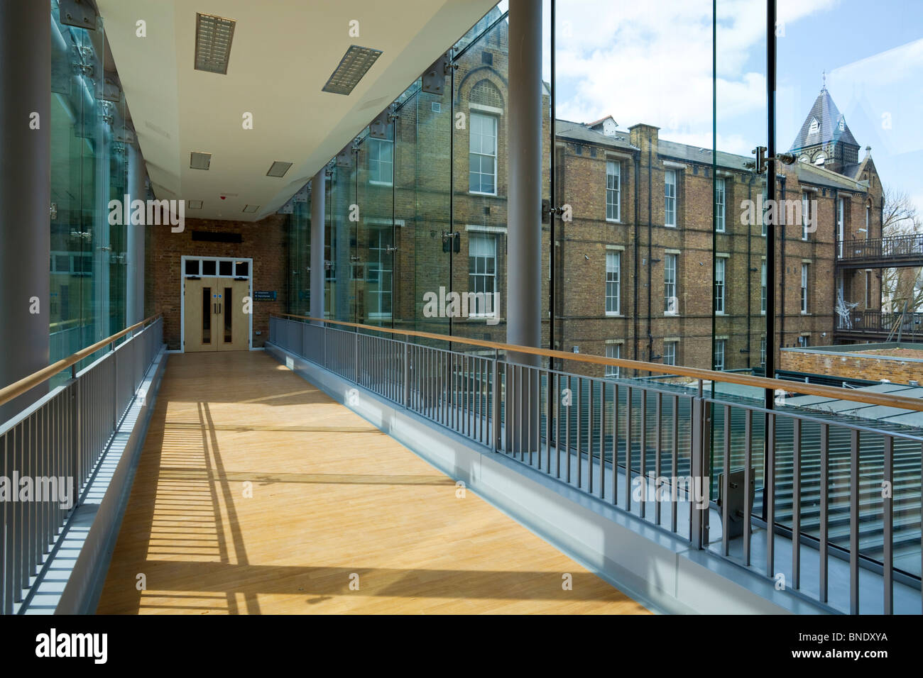 Refurbishment of Saint Charles Hospital London W10. glass link walkway Stock Photo