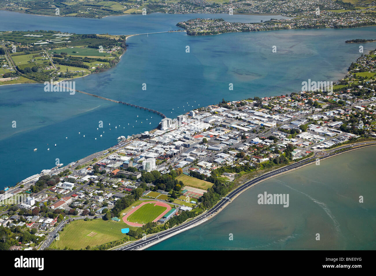 Tauranga and Tauranga Harbour, Bay of Plenty, North Island, New Zealand - aerial Stock Photo