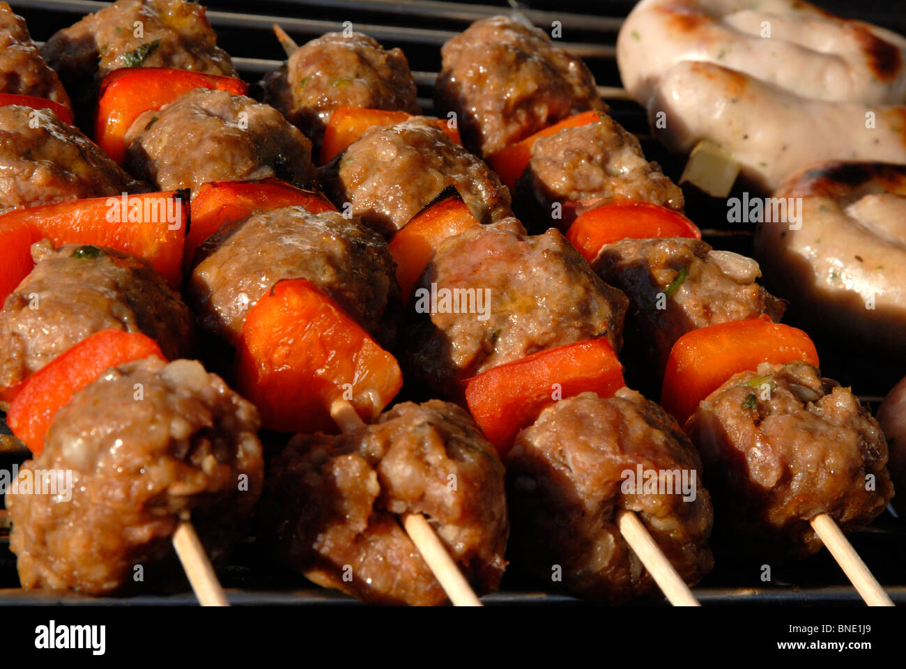 Lamb kebabs on barbeque Stock Photo