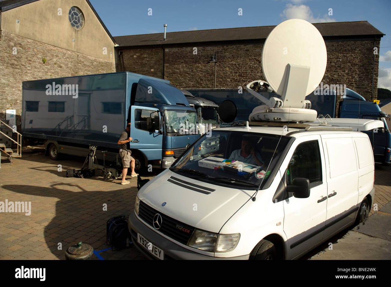 Outside broadcast vans broadcasting a television programme live, Wales UK Stock Photo