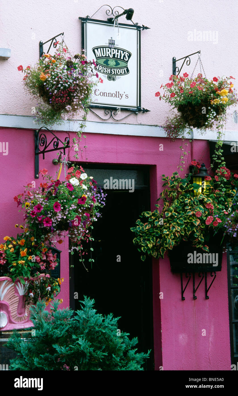 Hanging baskets on the doorway of a bar, Kinvara, County Galway