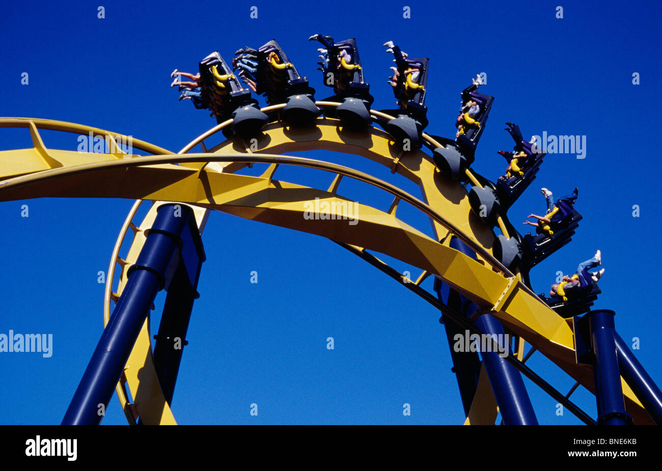 USA, Texas, Dallas, Six Flags Over Texas amusement park, Roller Coaster against blue sky Stock Photo