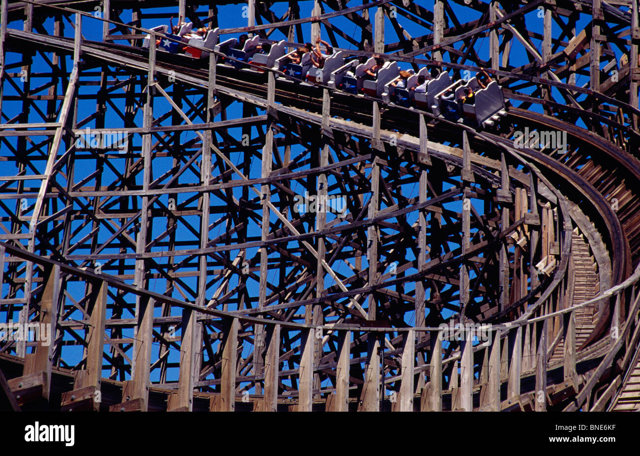 USA, Texas, Dallas, Six Flags Over Texas amusement park, ride on Roller Coaster Stock Photo