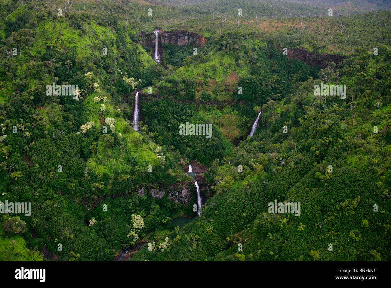 Aerial view of waterfalls, Hanapepe Valley, Kauai, Hawaii, USA Stock