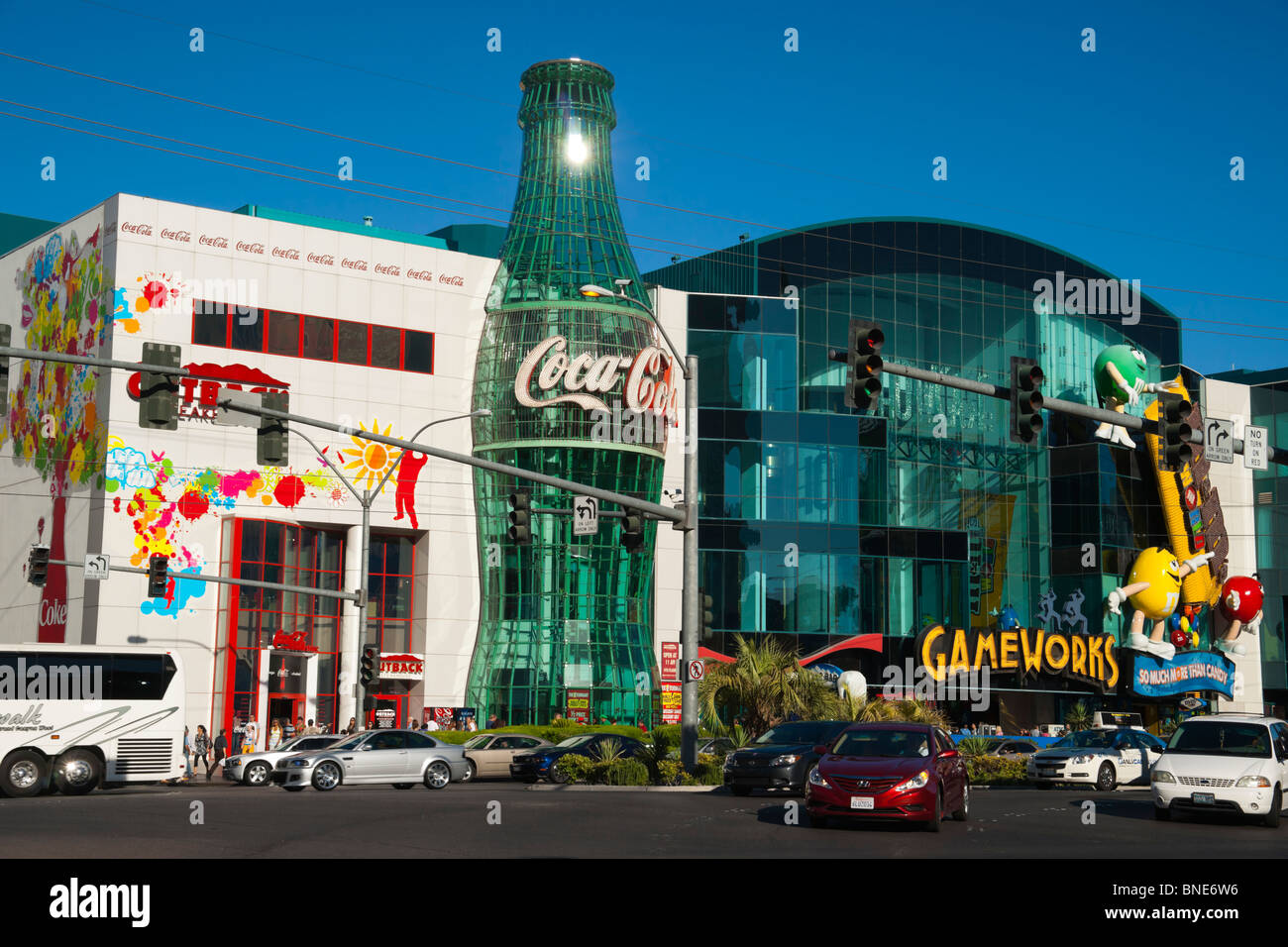 Outback Steakhouse bar and club on the strip, Las Vegas, with giant Coke bottle glass window elevator Stock Photo