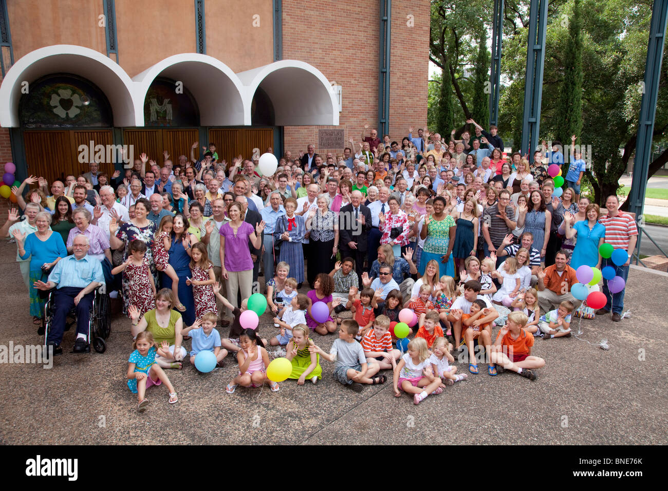 Congregation members of St. Martin's Lutheran Church pose outside the sanctuary in Austin, Texas. Stock Photo