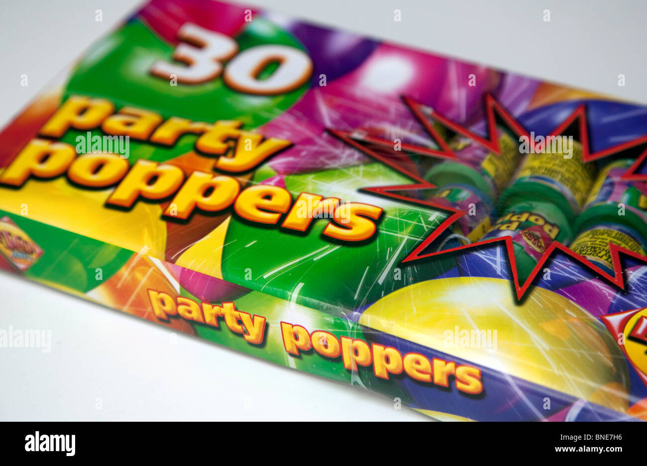 Box of party poppers, London Stock Photo