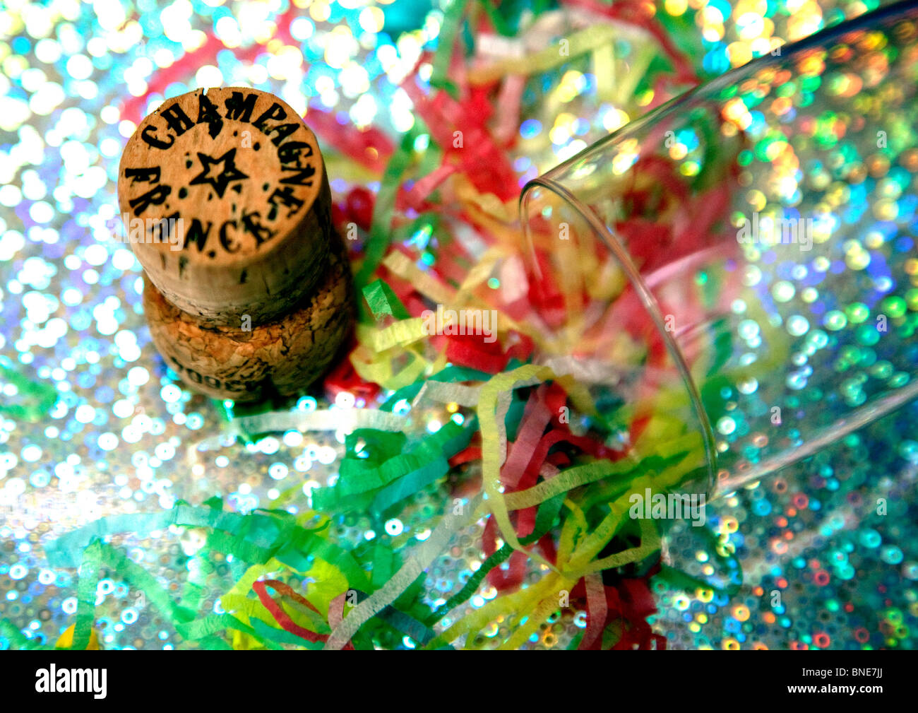 Champagne cork and party poppers, London Stock Photo Alamy