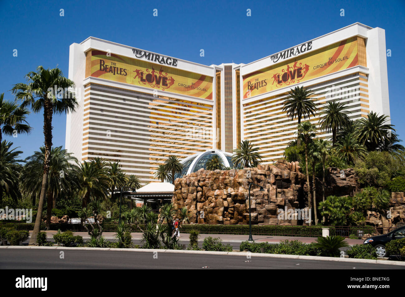 The Mirage, an MGM resort hotel on the Las Vegas strip, with Cirque du  Soleil advert Beatles 'Love' show Stock Photo - Alamy