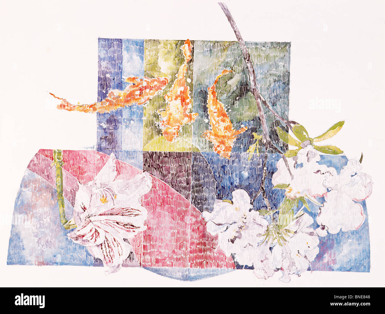 Kimono with Azalea, Amaryllis and Goldfish  1985  John Bunker (20th C. American)  Watercolor Stock Photo