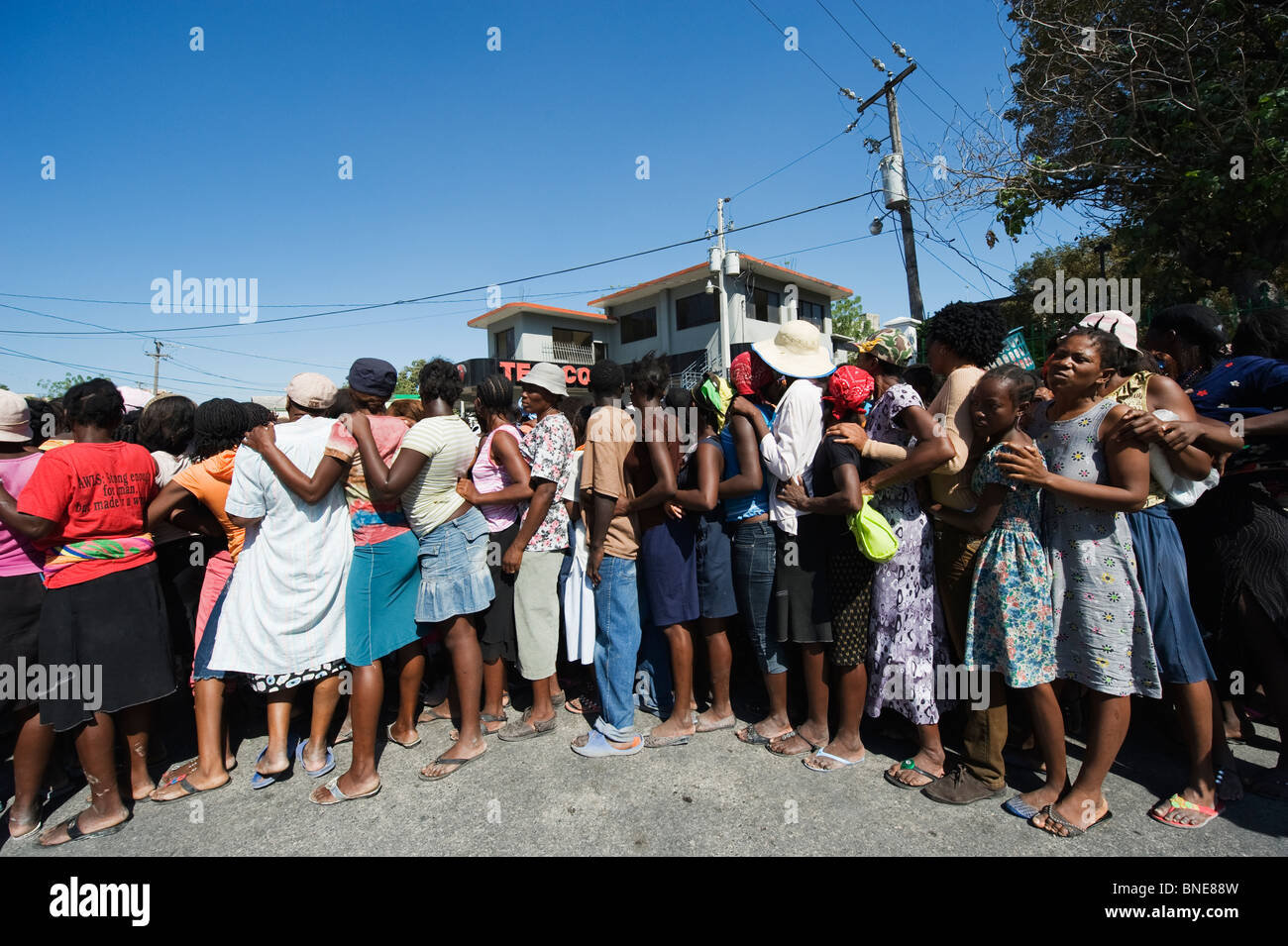 Leogane, Haiti, Caribbean crowds waiting for food distribution after