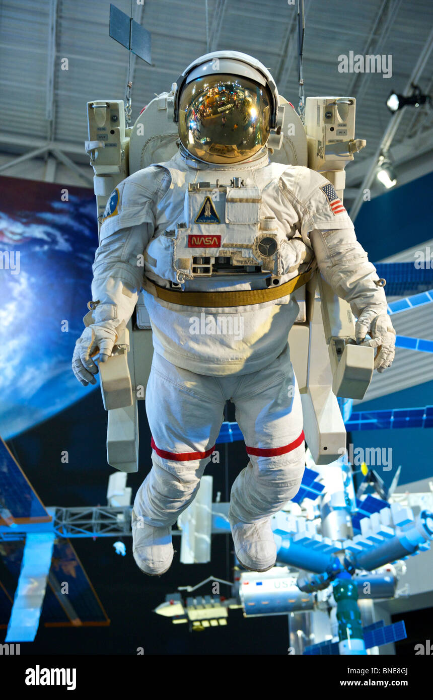 Astronaut's helmet and suit at space centre in Houston, Texas, North America, USA Stock Photo