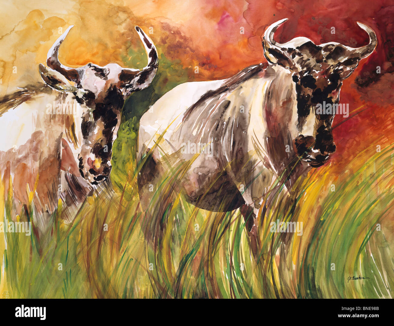 Africa, Kenya, Safari, Two Wildebeests by John Bunker, watercolor, 1996 Stock Photo