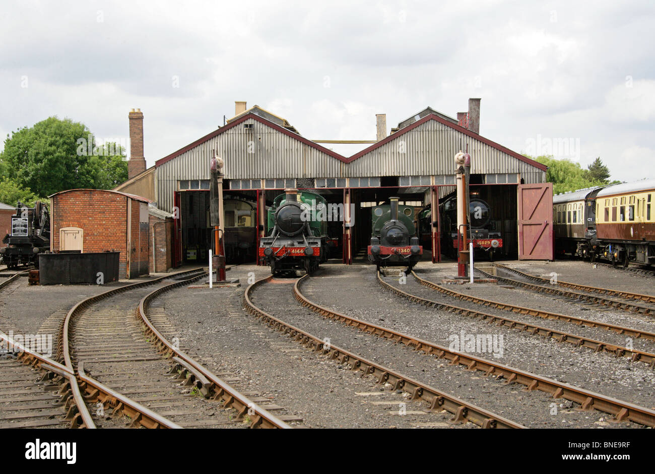 Locomotive Sheds, Didcot Railway Centre and Museum, Didcot, Oxfordshire. GWR 4144, GWR Trojan 1340, Nunney Castle 5029 . Stock Photo