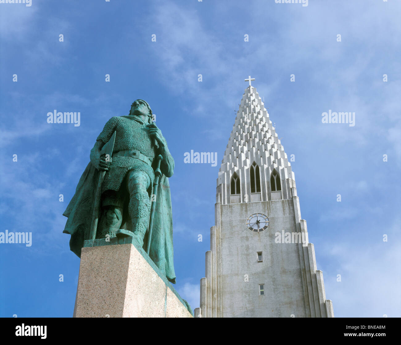 Low angle view of a statue of Leif Ericson, Hallgrimskirkja, Reykjavik, Iceland Stock Photo