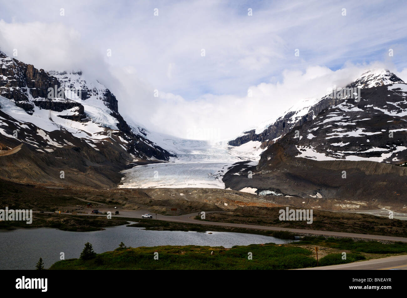 The Athabasca Glacier by the Icefield Parkway. Jasper National Park, Alberta, Canada. Stock Photo
