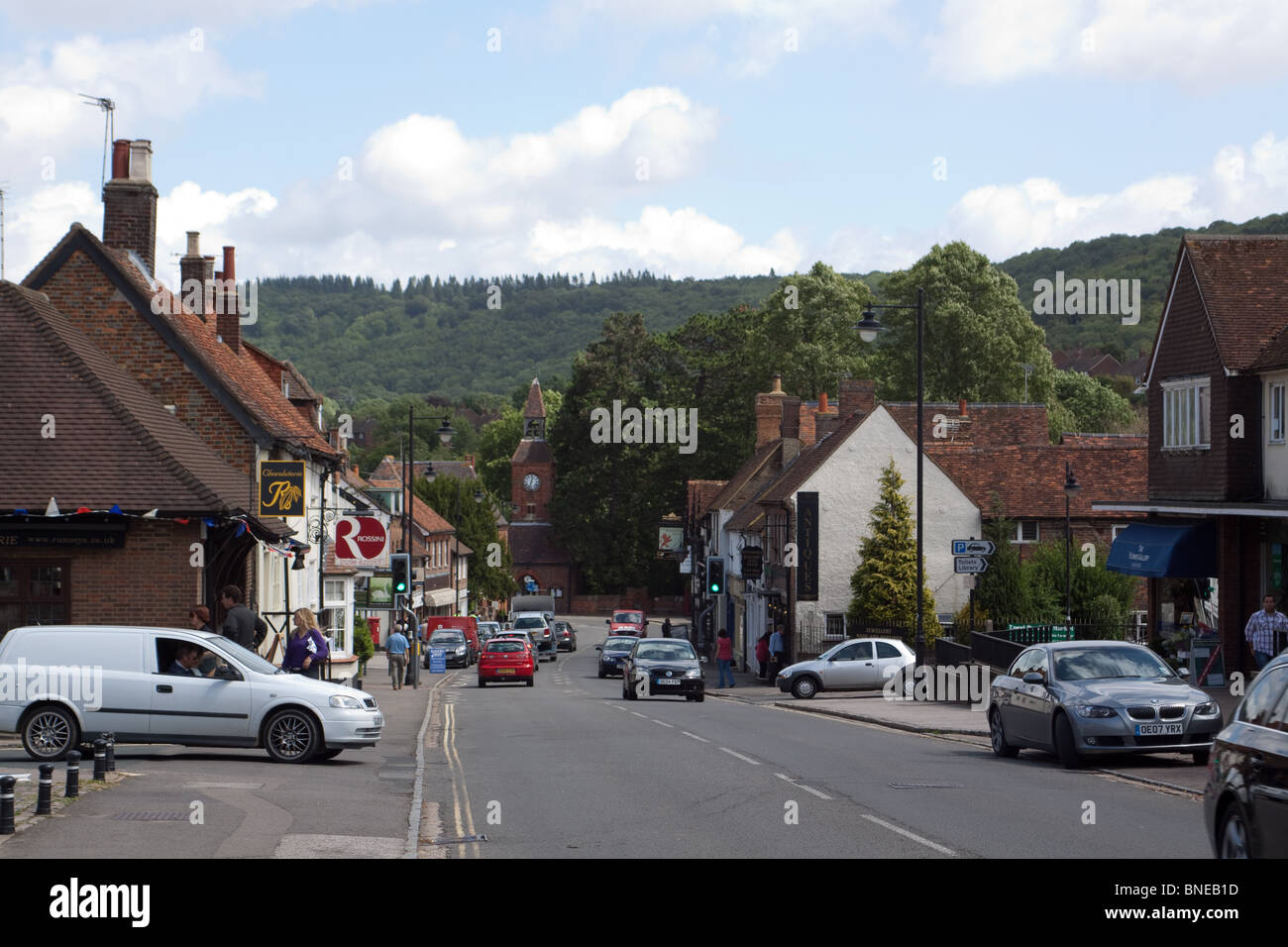 View along Wendover High Street towards the Chilterns Stock Photo