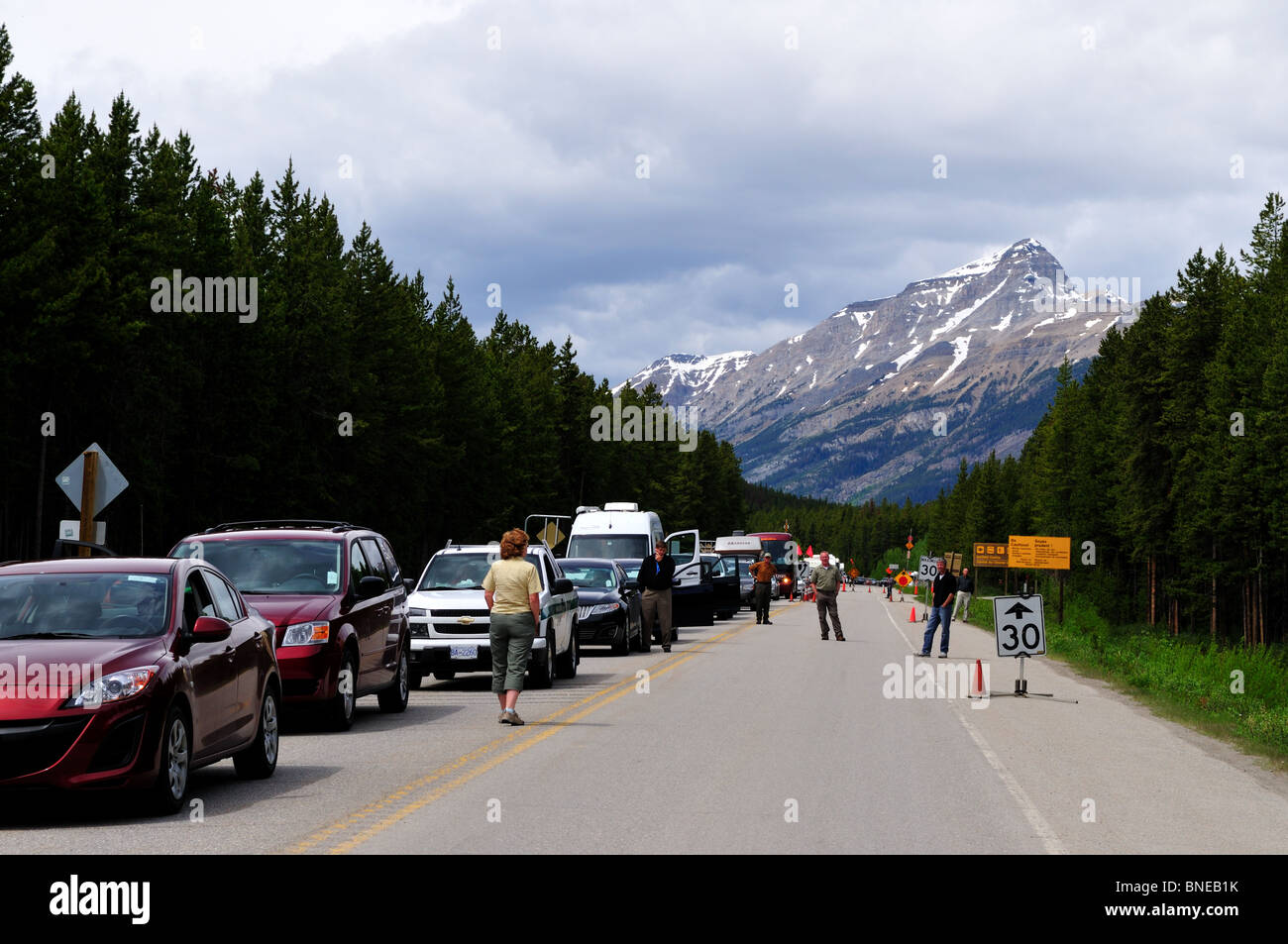 Line of cars during summer tourist season. Canada Stock Photo Alamy