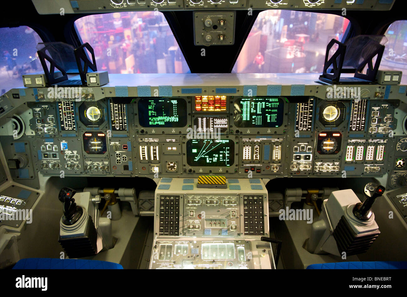 Cockpit inside the space shuttle at space centre, Houston, Texas, North America, USA Stock Photo