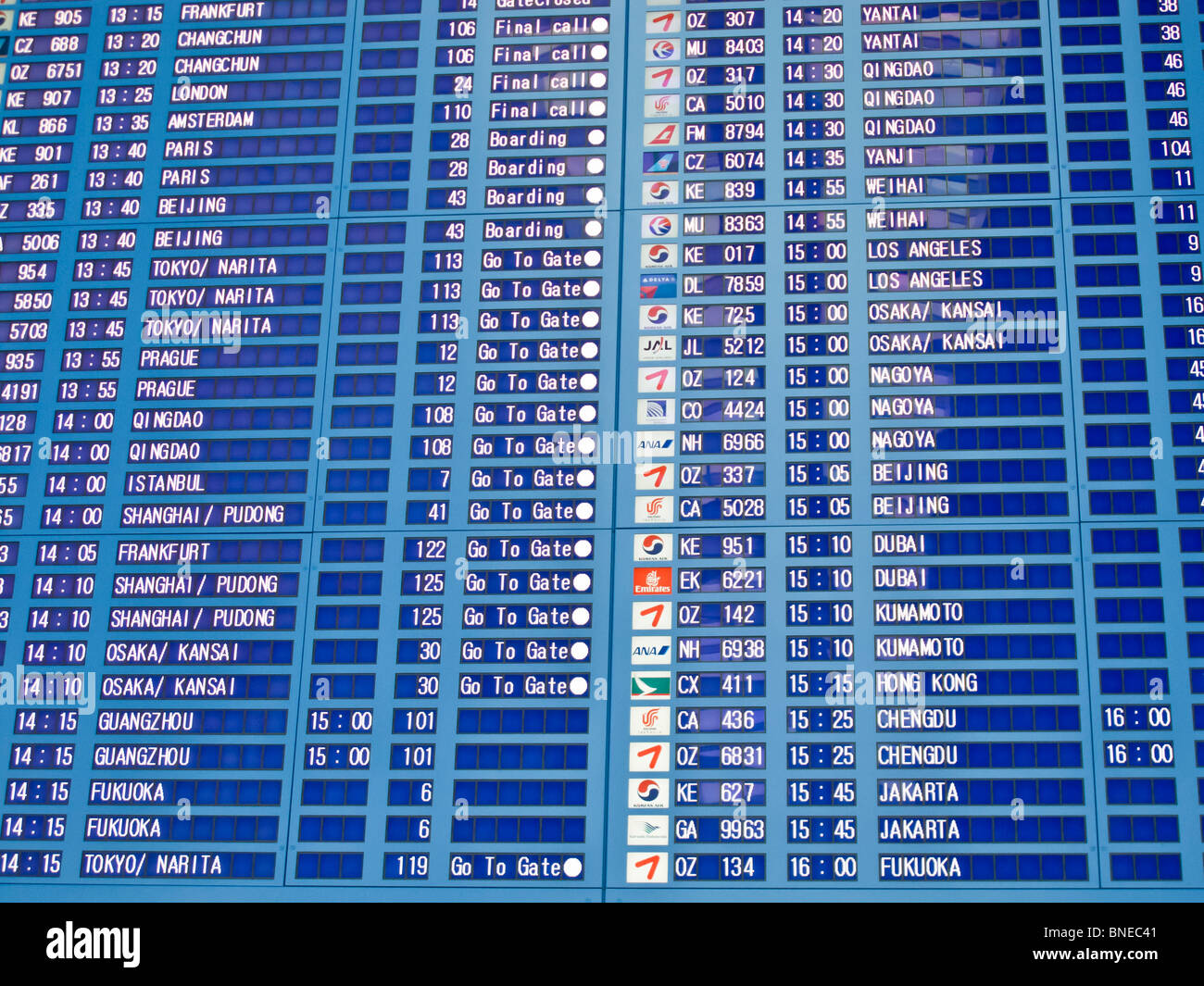 Flight departure board in English, Incheon International Airport