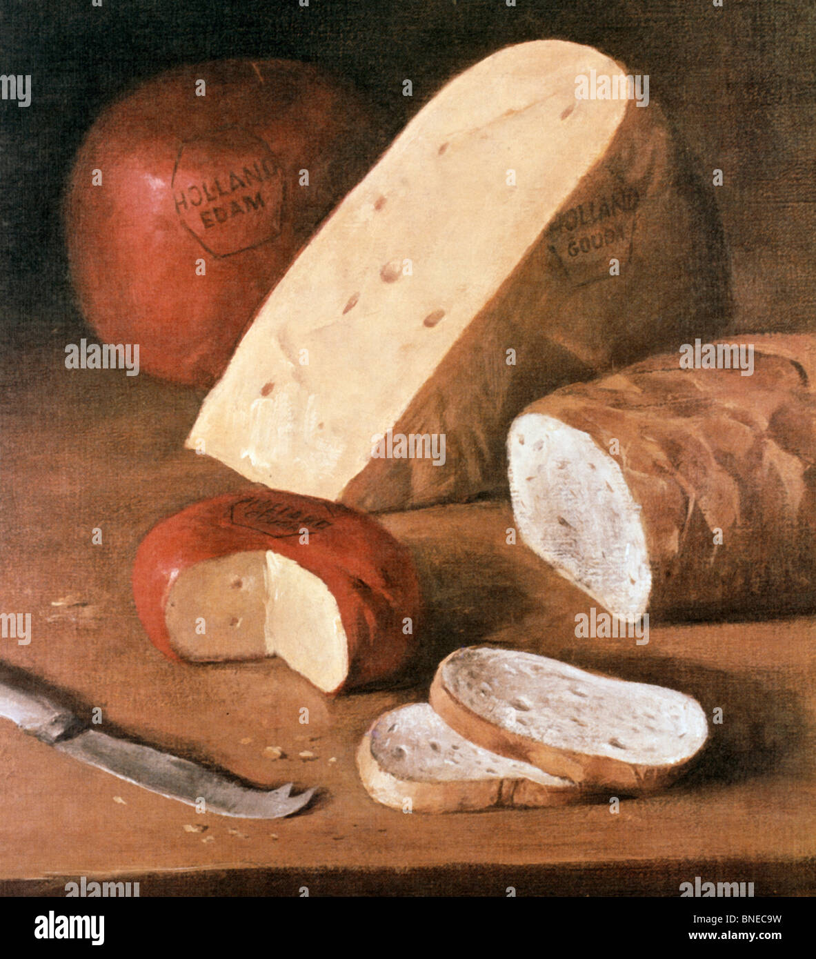 Dutch Cheeses, Bread and Knife, artist unknown Stock Photo