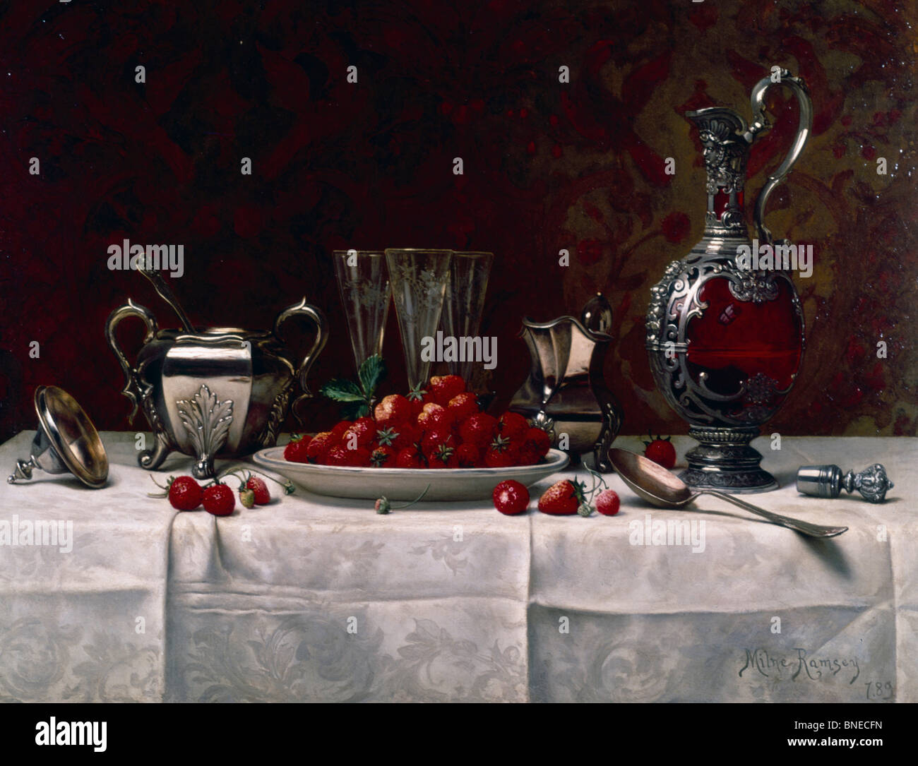 Still Life with Berries and Silver Tableware by Milne Ramsey, 1889, (1847-1915) Stock Photo