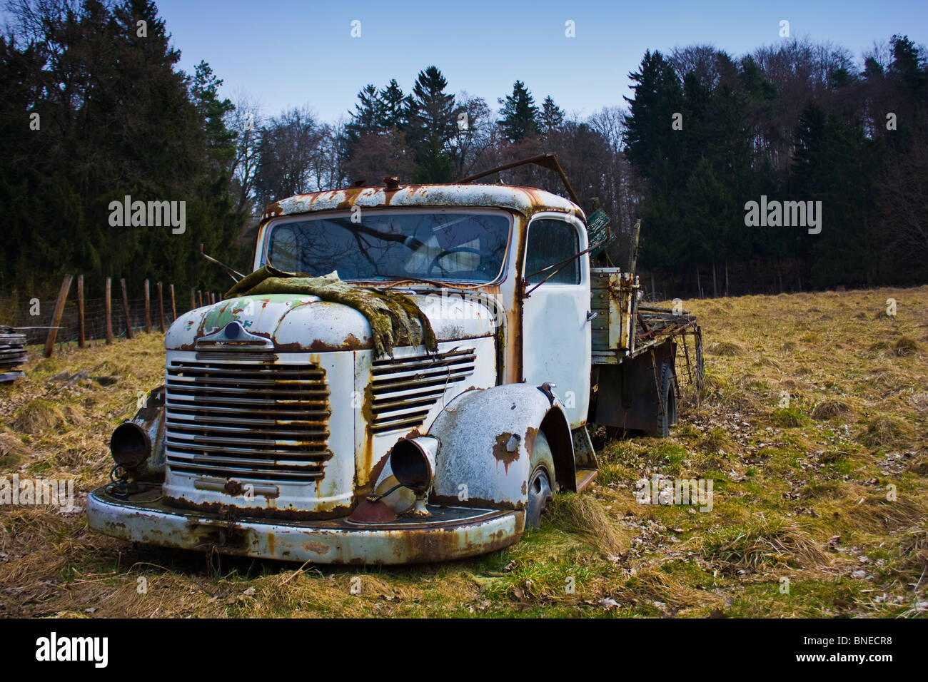 Old truck from Austria standing very long time in the field Stock Photo