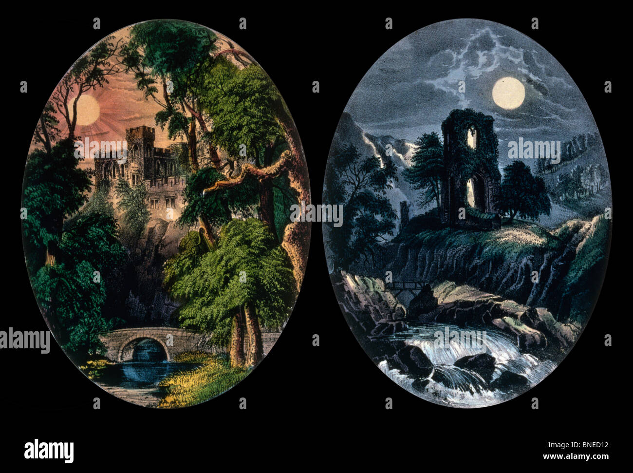 Sunlight - The Castle / Moonlight - The Ruins, Currier & Ives (1834-1907/American) Stock Photo