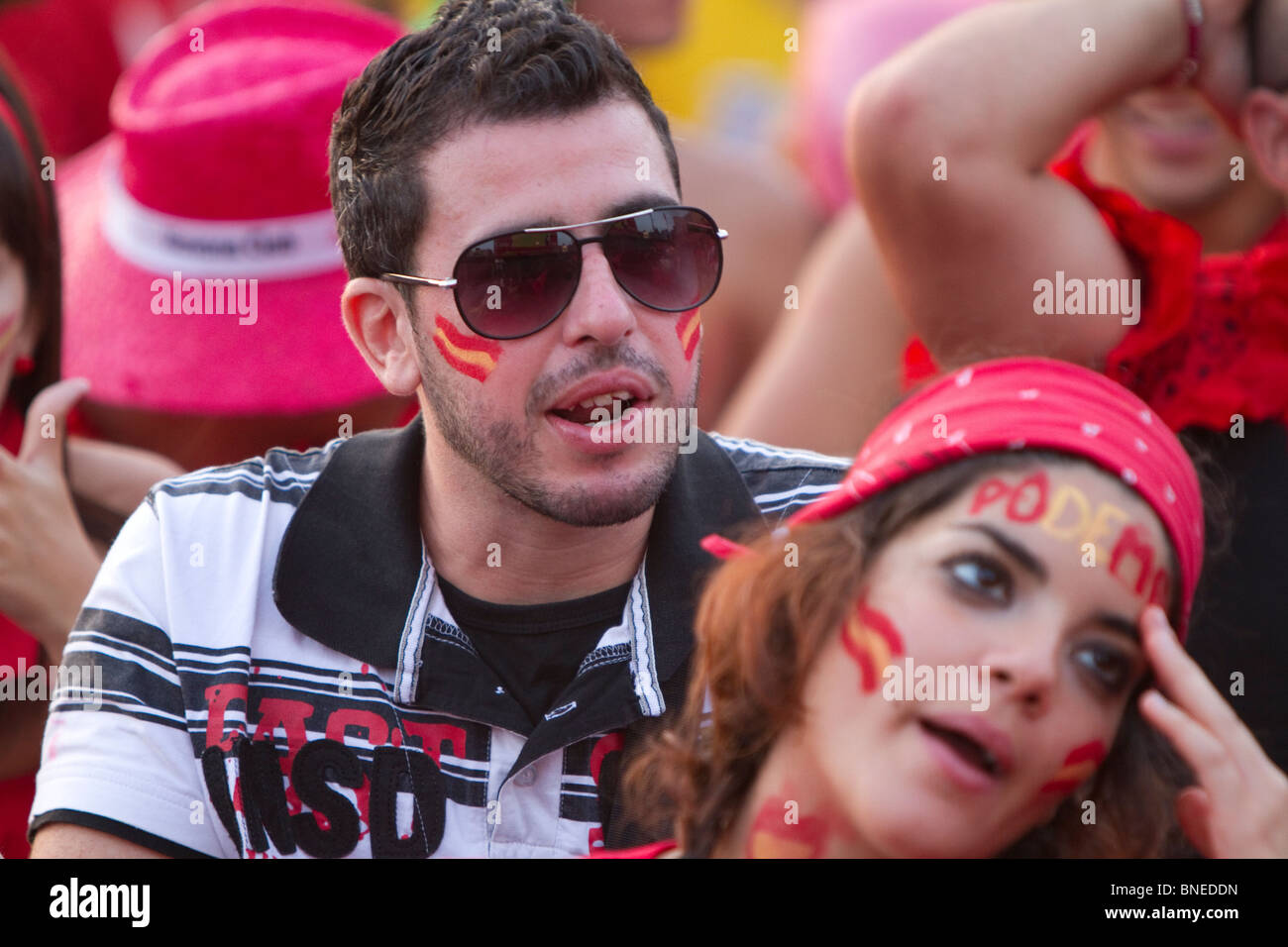 Spanish soccer fans cheer for their team at a public viewing in Las Palmas Gran Canaria Stock