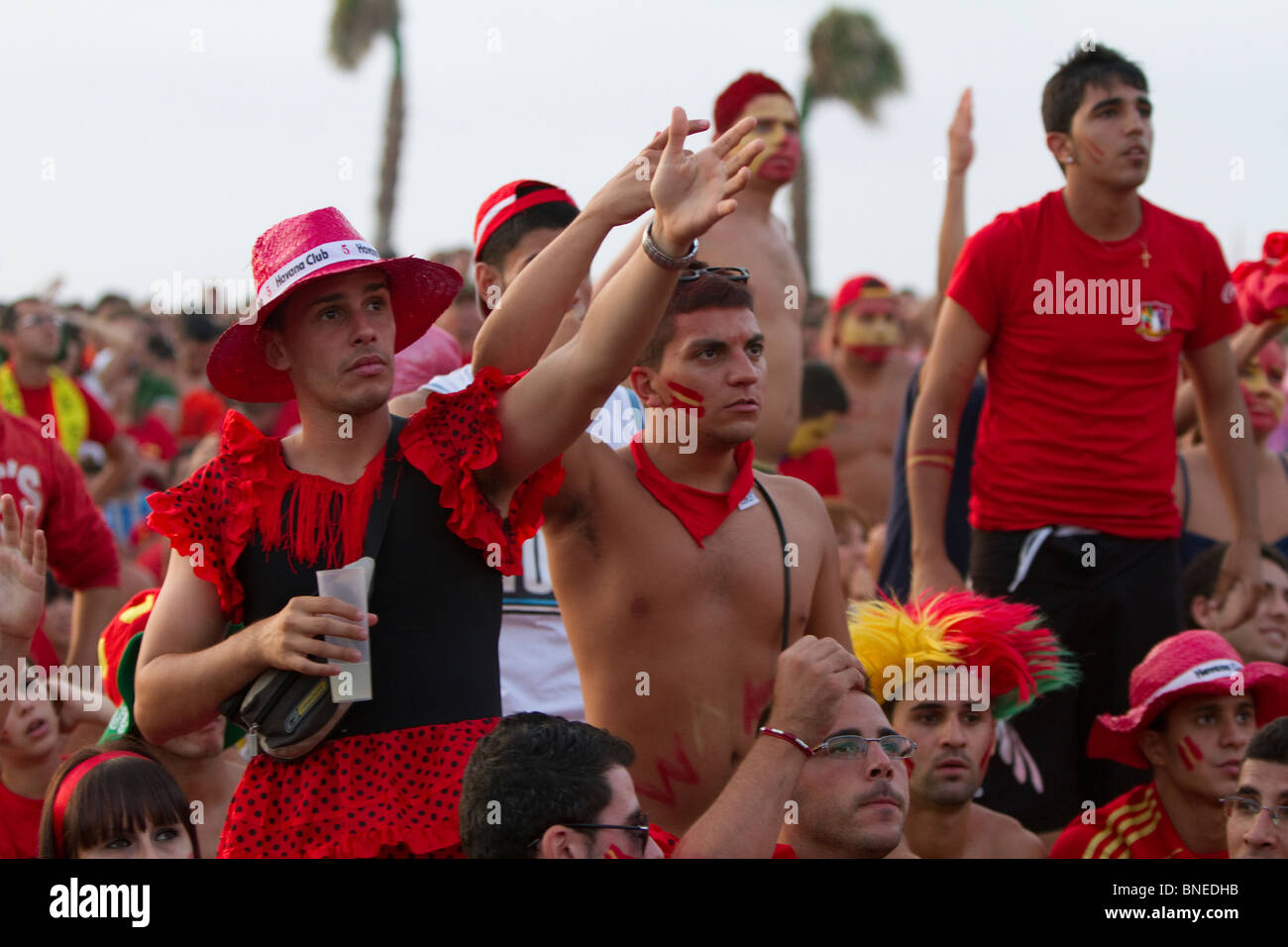 Spanish soccer fans cheer for their team at a public viewing in Las