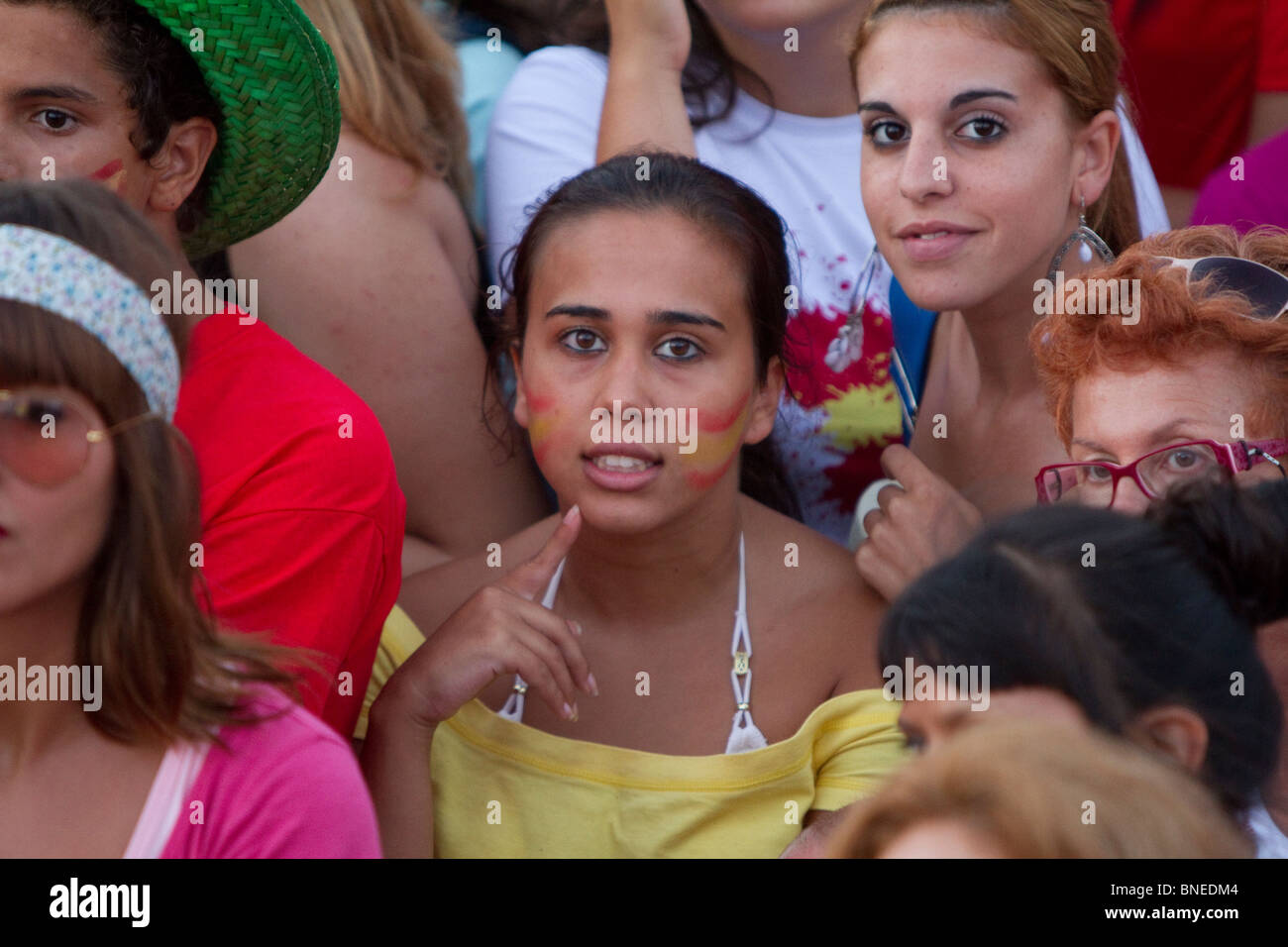 Spanish soccer fans cheer for their team at a public viewing in Las Palmas Gran Canaria Stock