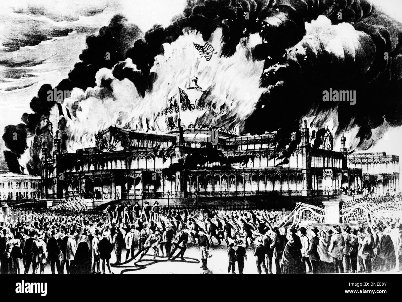 Burning of the New York Crystal Palace, October 5, by unknown artist, 1858 Stock Photo
