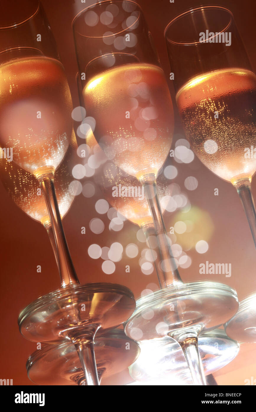 Reflection of flute glasses of sparkling wine Stock Photo