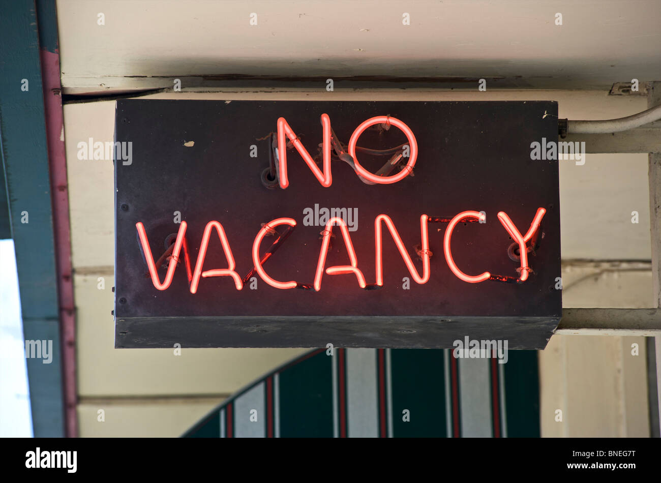 No Vacancy Neon Sign Outside Hotel, Texas, USA Stock Photo