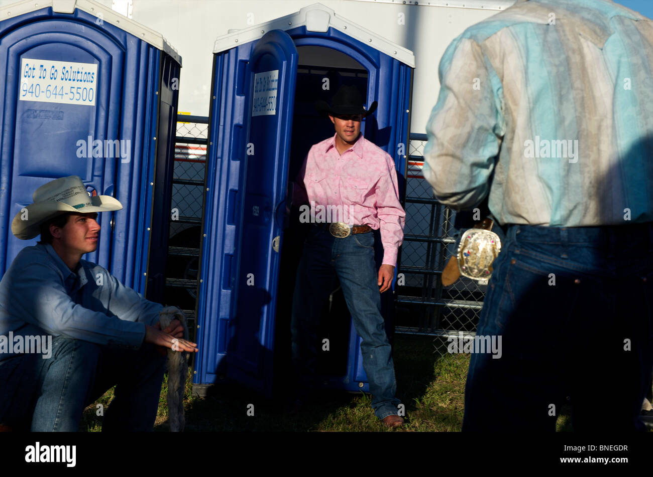 Cowboy members of PRCA at rodeo event in Bridgeport, Texas, USA Stock Photo