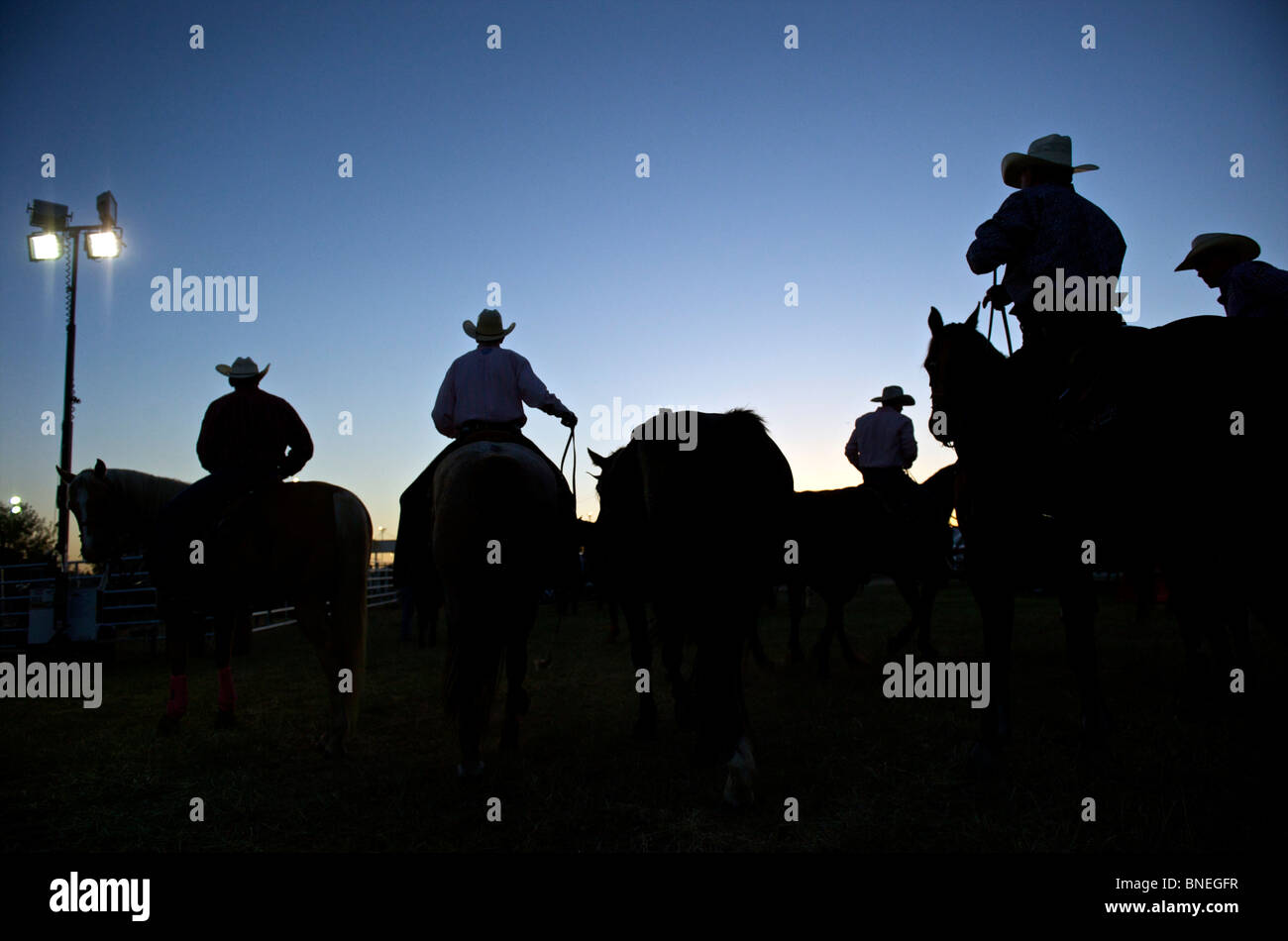 Cowboy members of PRCA at backstage for rodeo event in Bridgeport, Texas, USA Stock Photo