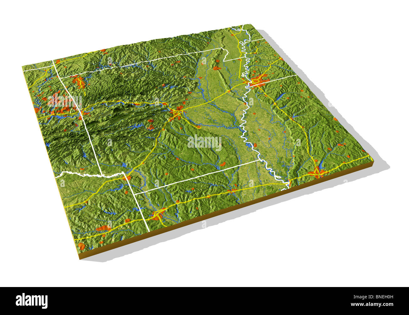 Arkansas, 3D relief map with urban areas, interstate highways and borders. Stock Photo