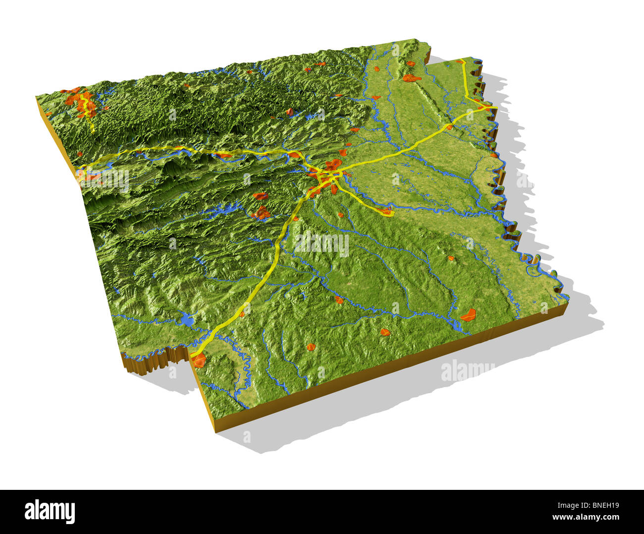 Arkansas, 3D relief map cut-out with urban areas and interstate highways. Stock Photo