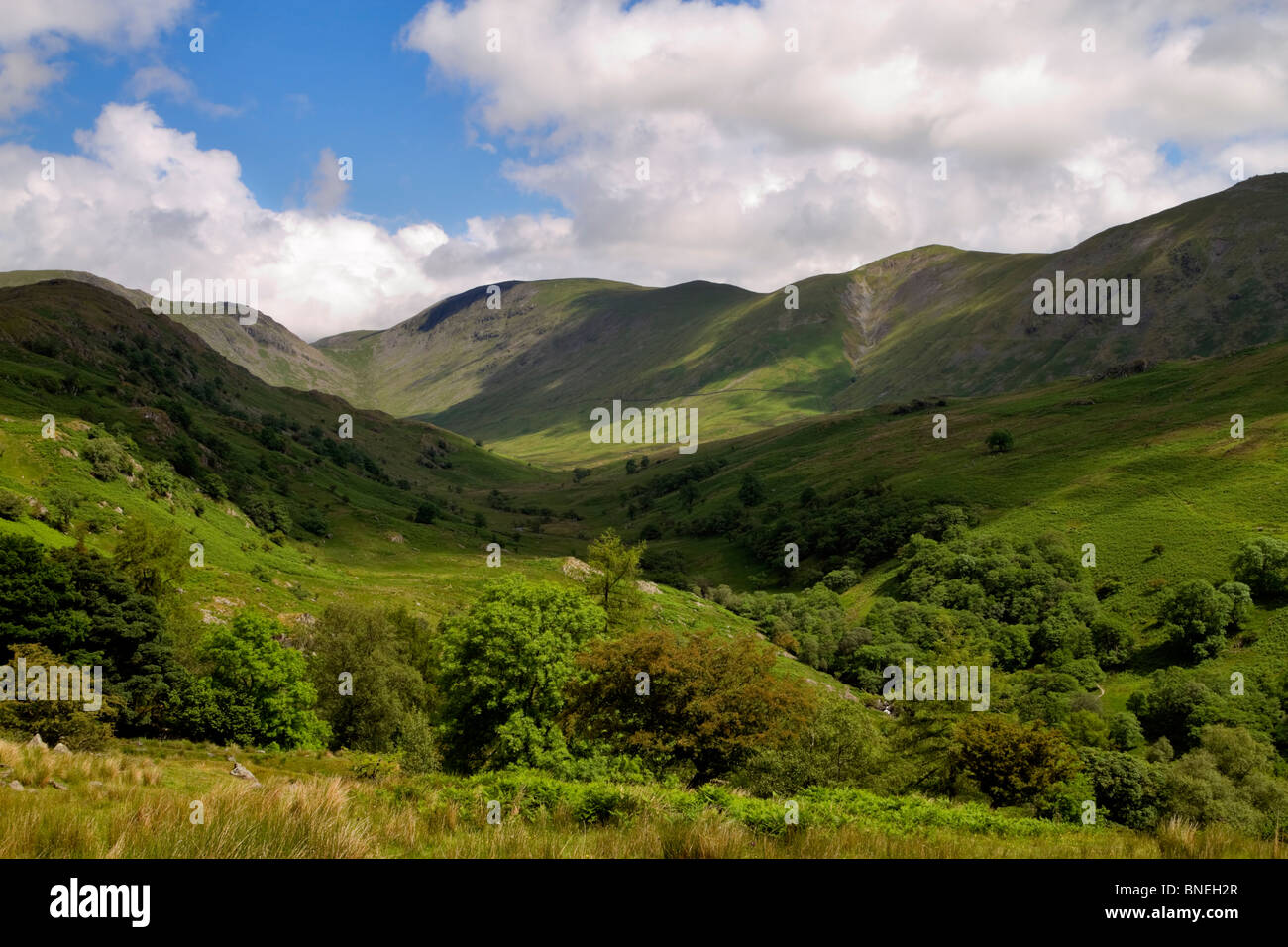 The Troutbeck River Valley, with Ill Bell on the right, followed by the Park Fells. Lake District, Cumbria Stock Photo