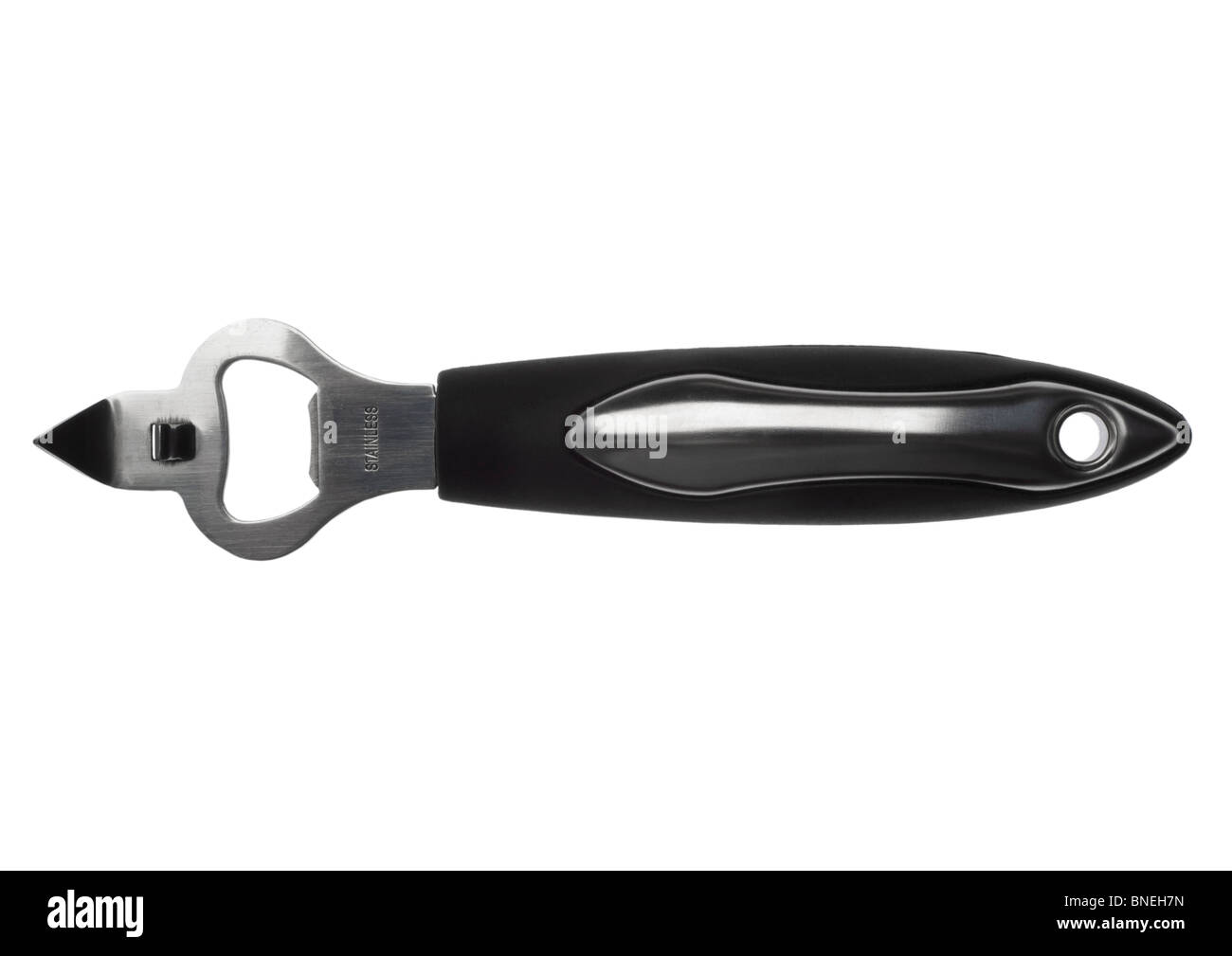 Can and bottle opener on white background Stock Photo Alamy